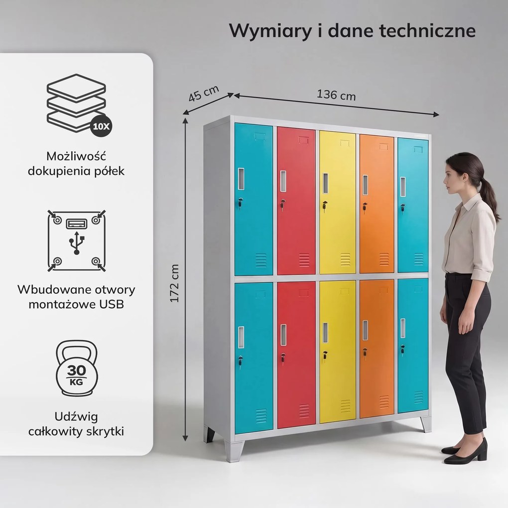 Szafa BHP ubraniowa 10-drzwiowa szaro-wielokolorowa: BARTEK 1360 x 1720 x 450 mm
