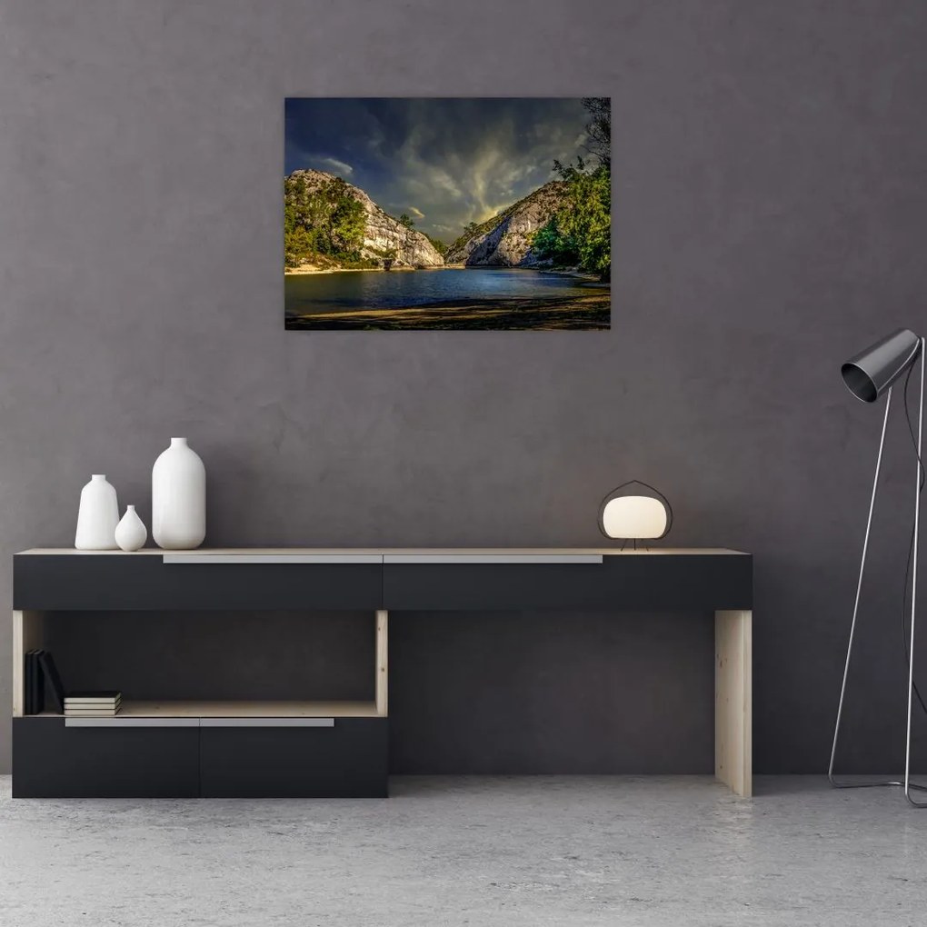 Obraz na szkle - krajobraz z jeziorem (70x50 cm)