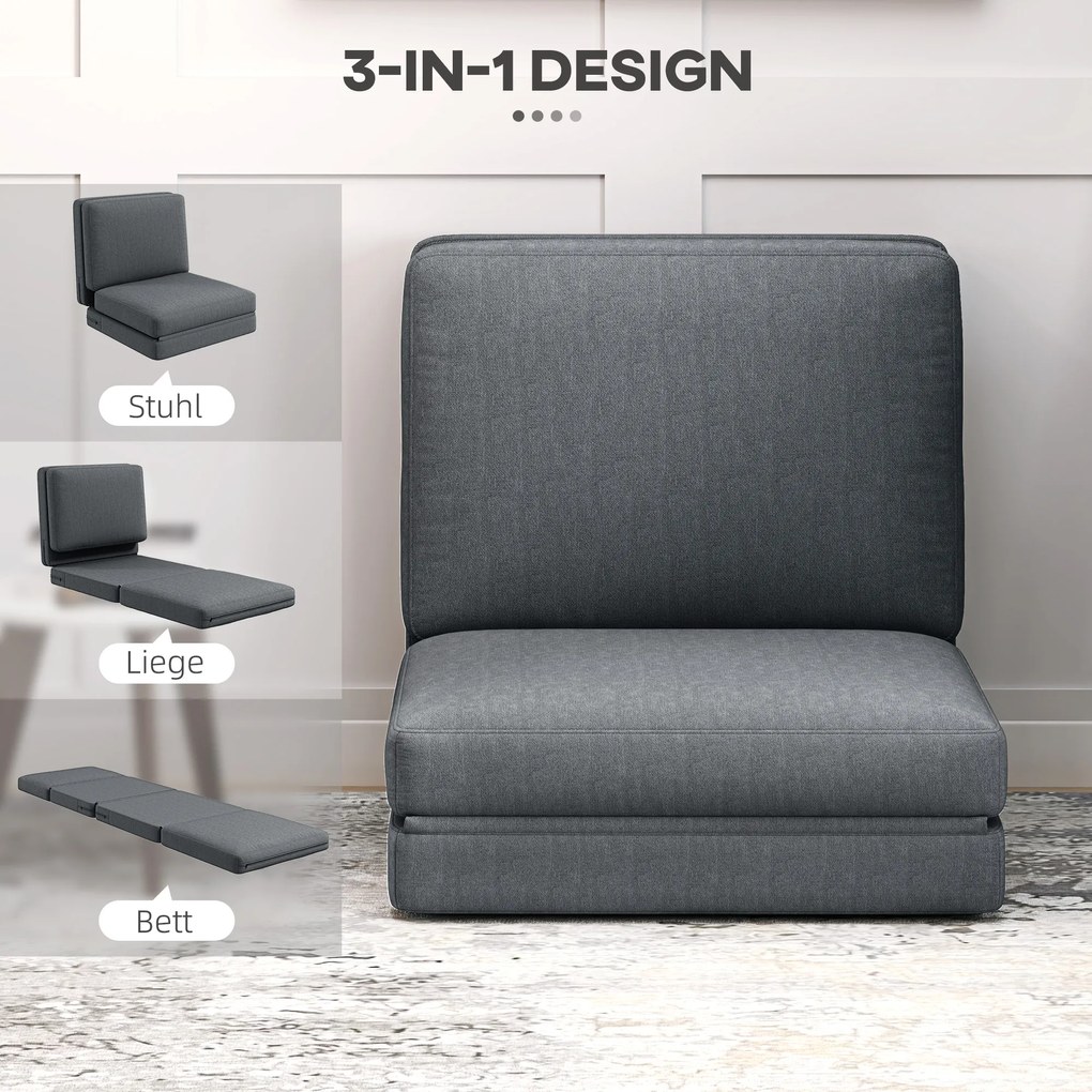 HOMCOM Składany Fotel Podłogowy z Poduszkami, Wandelbar Sofa Podłogowa, do Salonu, Pokoju Gościnnego, Biura, 75 x 268 x 18 cm, Ciemnoszary