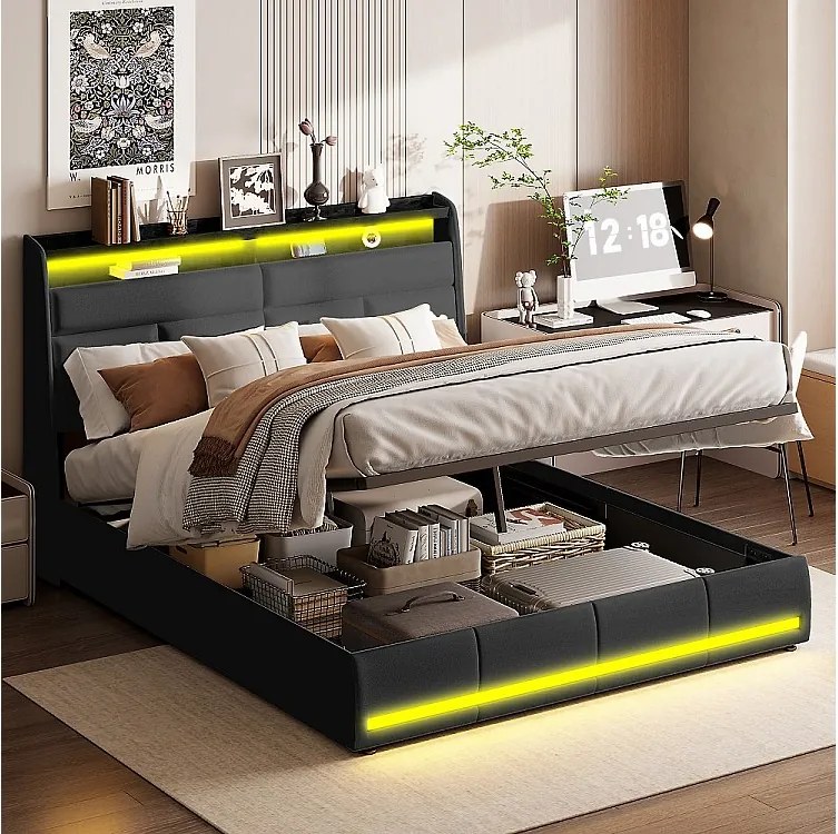 Łóżko z pojemnikiem 160x200 cm czarne PU z wielokolorowym LED, schowek w zagłówku i pod łóżkiem, styl nowoczesny bez materaca