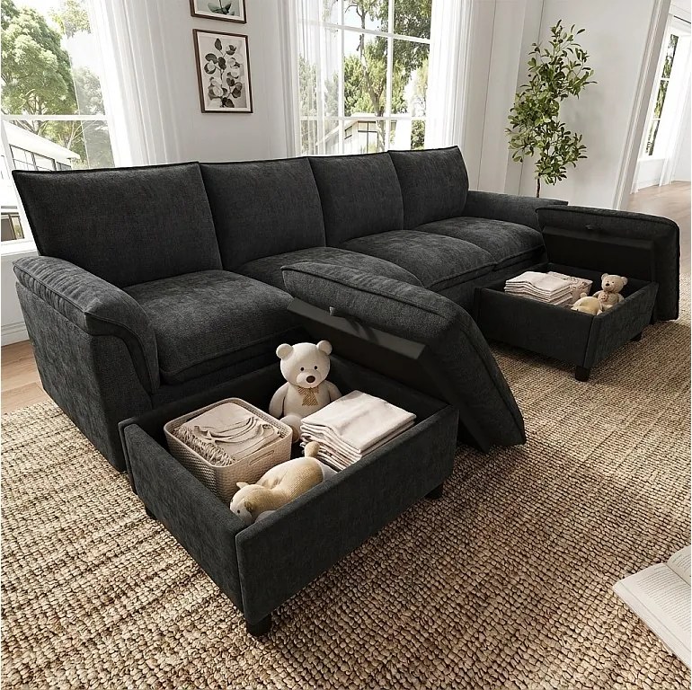 Narożnik z 2 modułowymi pufami ze schowkiem – Chenille – 264,5 x 142,5 x 84 cm – Beżowy