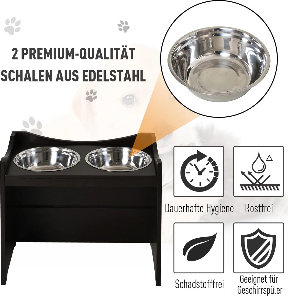 PawHut Miska dla Psów Regulowana Wysokość Stal Nierdzewna MDF Ciemnobrązowy 54x315x47 | Aosom PL