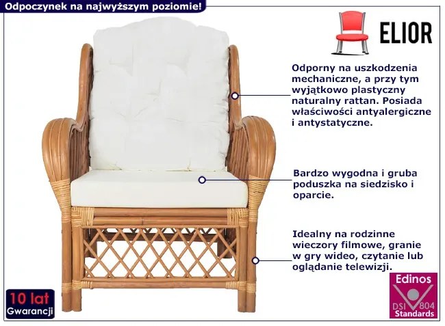 Brązowy rattanowy fotel wypoczynkowy z poduszkami - Oddy