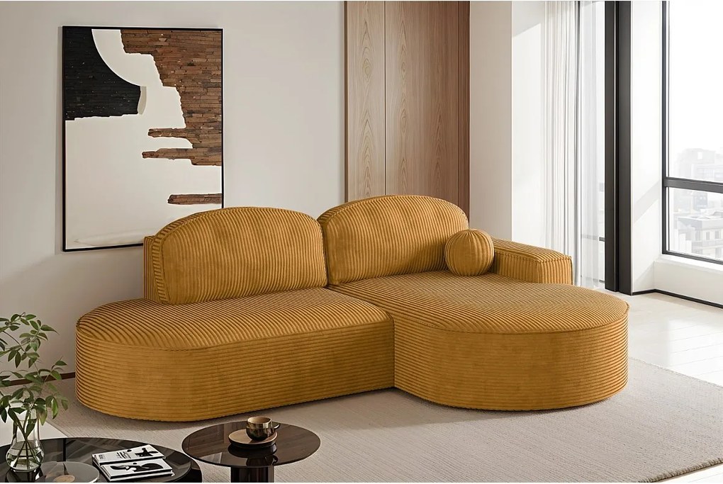 Narożnik z funkcją spania i pojemnikiem Modena Runden, tkanina Poso, Musztardowy, Prawy