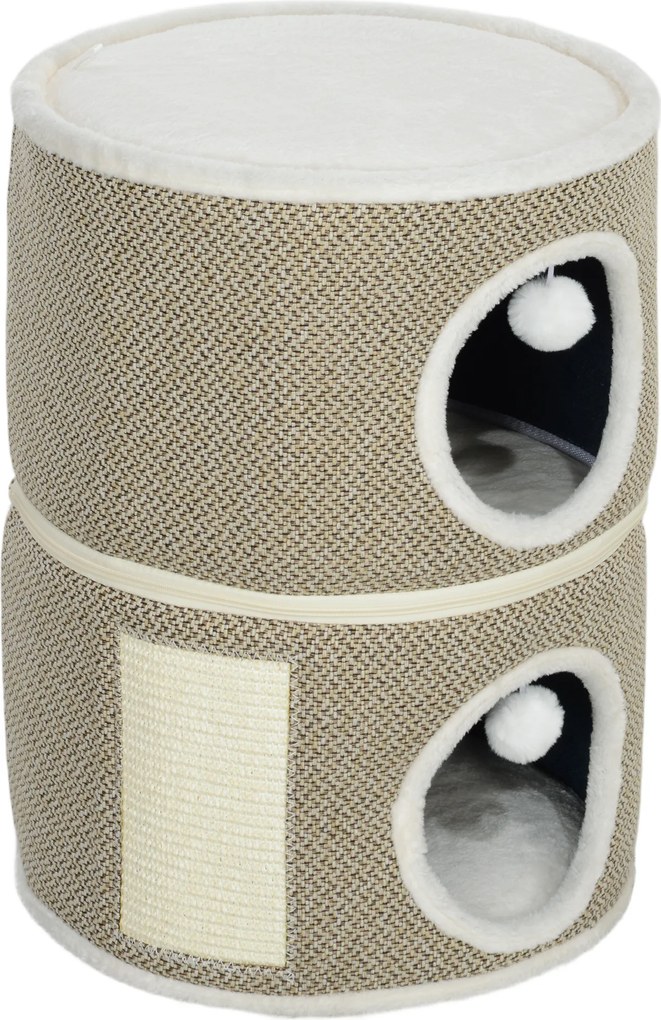 PawHut Kocia Wieża, 3 Poziomy, Domek dla Kota, Plusz, Poduszka, Sisalowy Drapak, Φ40 x 56H cm, Kawa/Kremowy Biały