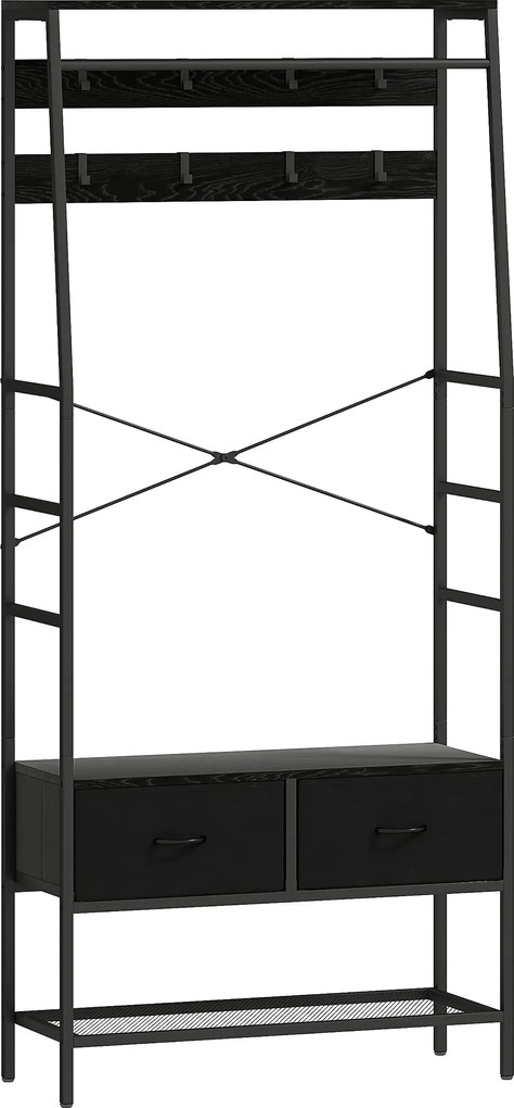 HOMCOM Stojak garderobiany z półką na buty w stylu industrialnym, 2 szuflady z materiału, 8 haczyków, metalowa rama, Czarny