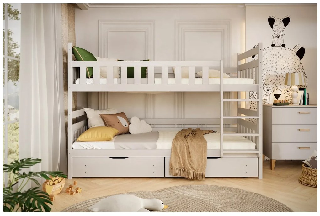 Łóżko piętrowe BARTEK 200x80 białe drewniane z szufladami KOCOT KIDS