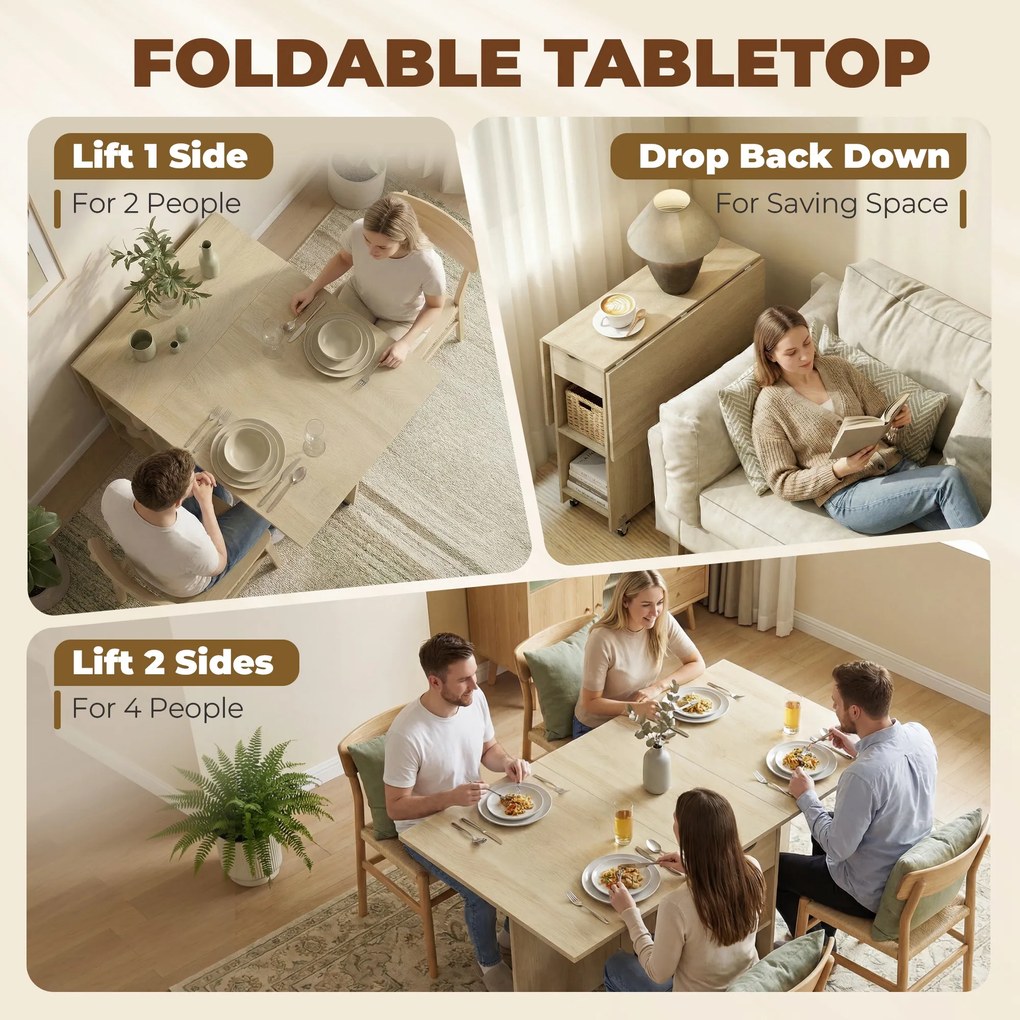 HOMCOM Rozkładany stół jadalniany dla 2–4 osób, stół na kółkach z otwartą półką i szufladą, idealny do małych przestrzeni, naturalny | Aosom PL