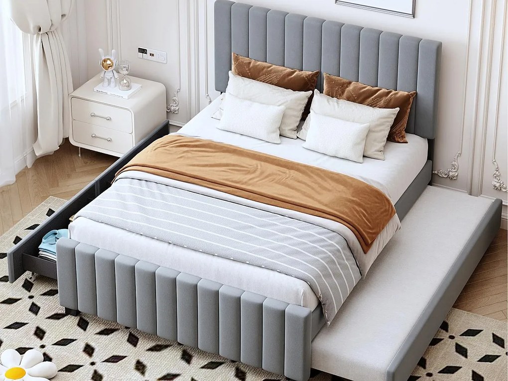 Łóżko tapicerowane 140×190 cm - z łóżkiem schowkowym - z 2 szufladami - aksamit - szare (materac nie jest zawarty)