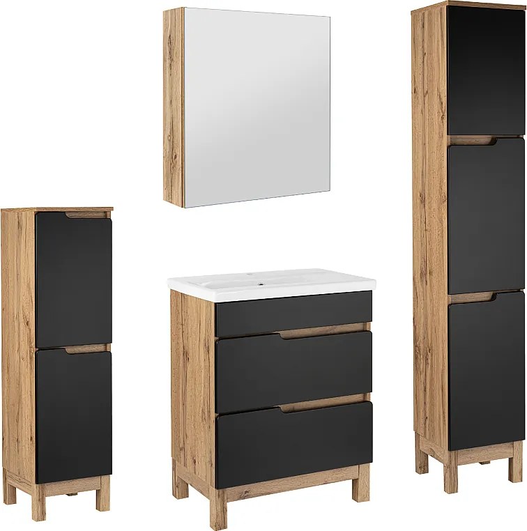 Zestaw Łazienkowy 60cm 2S Alma Słupki Szafka z Lustrem Dąb Wotan / Czarny Mat