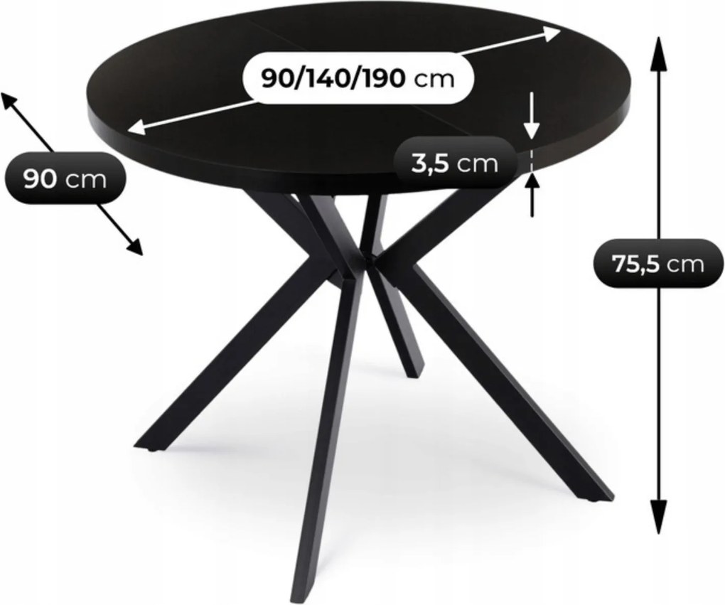 Stół Okrągły Rozkładany LUGO 90-190 cm Czarny Loft