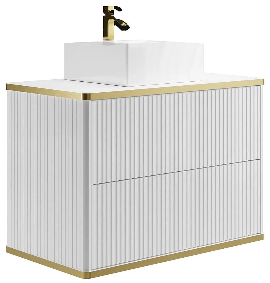 Szafka łazienkowa wisząca  ryflowana ze złotą listwą z umywalką nablatową - Biały - 80 cm - KELIZA