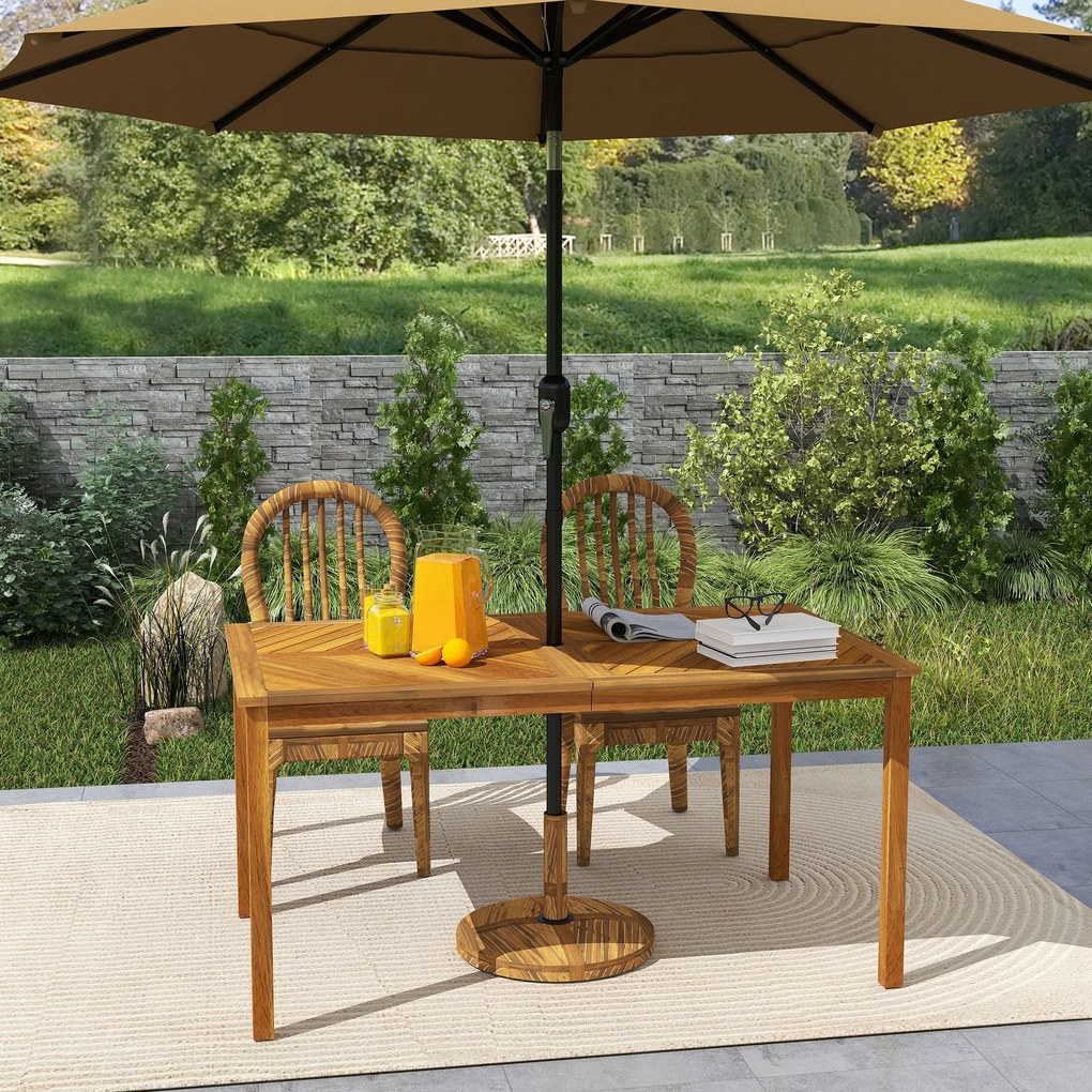 Outsunny Składany stół ogrodowy 150x85cm, Wodoodporny stół balkonowy z drewna, 6-osobowy z otworem na parasol, Design z lamelami Teak
