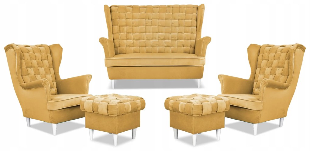 Zestaw wypoczynkowy Carol sofa fotele pufy paski Family Meble żółty miodowy