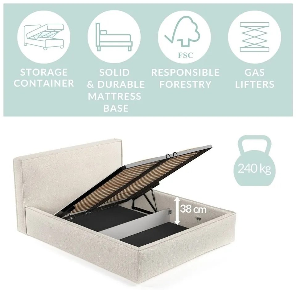 Szare tapicerowane łóżko dwuosobowe ze schowkiem ze stelażem 160x200 cm Lounge L – Maison de Rêve