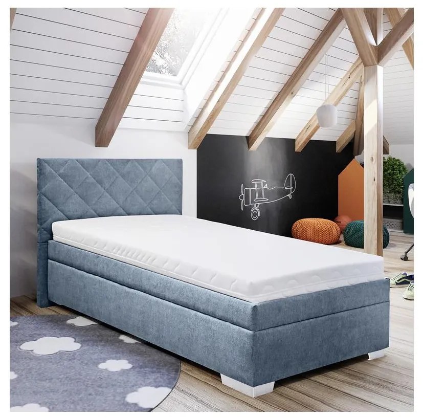 Łóżko tapicerowane LANA 90x200 cm z pojemnikiem na pościel i materacem, niebieskie