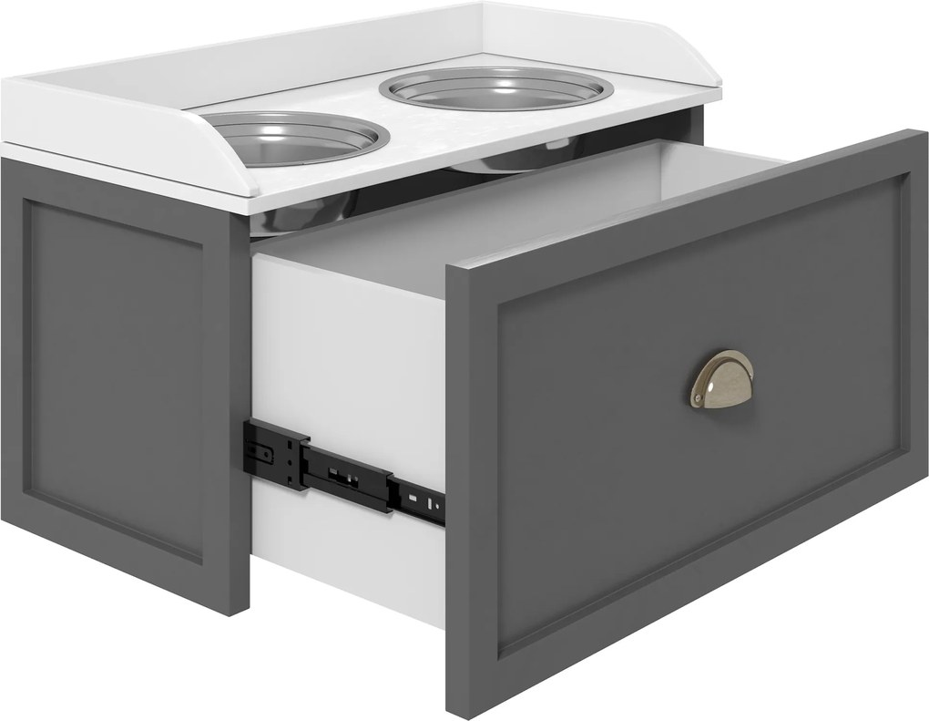 PawHut Stacja karmienia Podwyższone Miseczki 1 Przechowywanie 2 Miseczki ze stali nierdzewnej, 60 x 30 x 42 cm, Biały