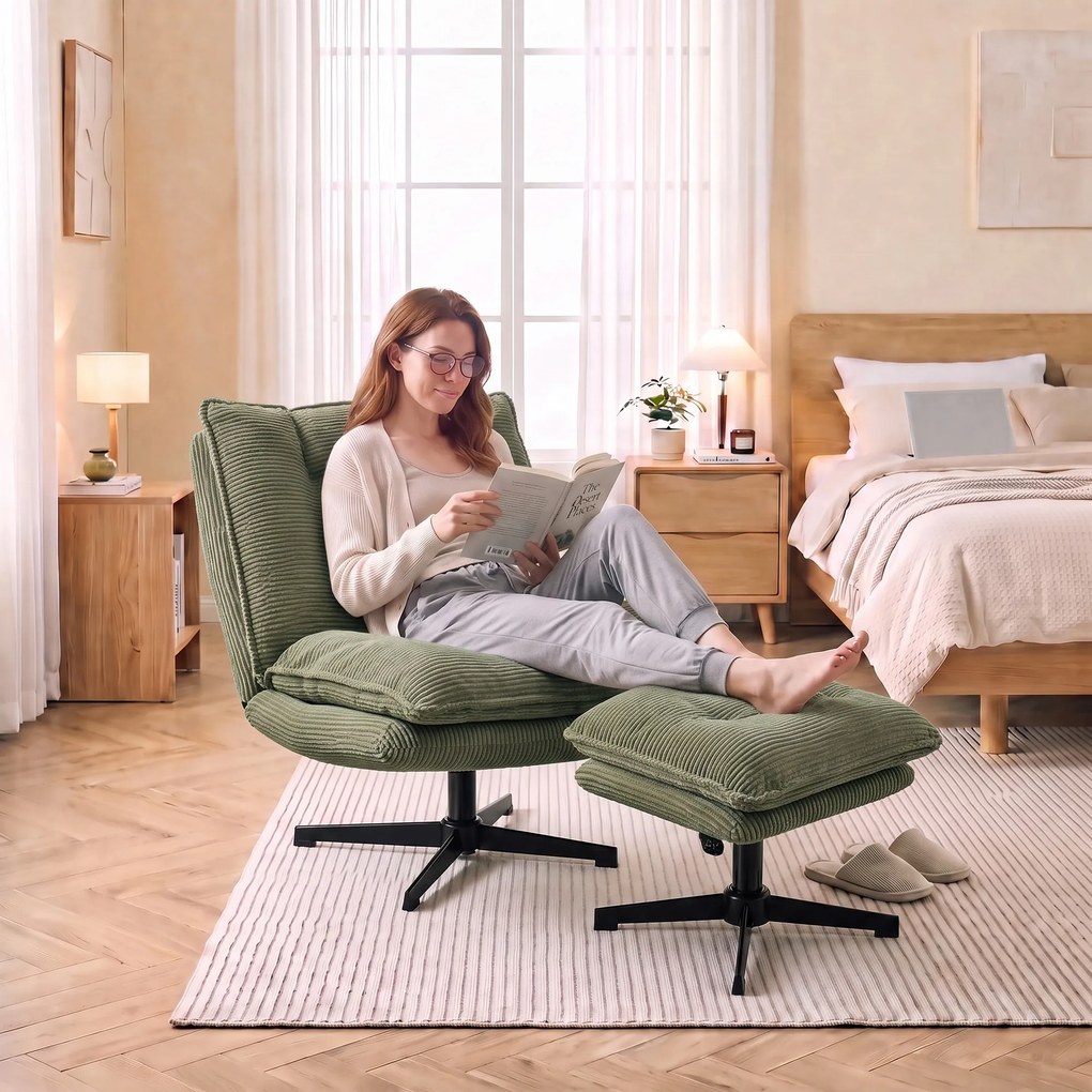 HOMCOM Fotel lounge z podnóżkiem, 360° obrotowy, tapicerka cord, regulowany podnóżek, Grün | Aosom PL