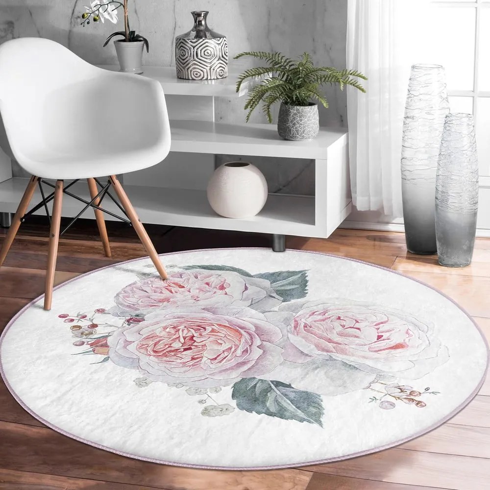 Biało-różowy okrągły dywan odpowiedni do prania i robotów sprzątających ø 80 cm Comfort – Mila Home