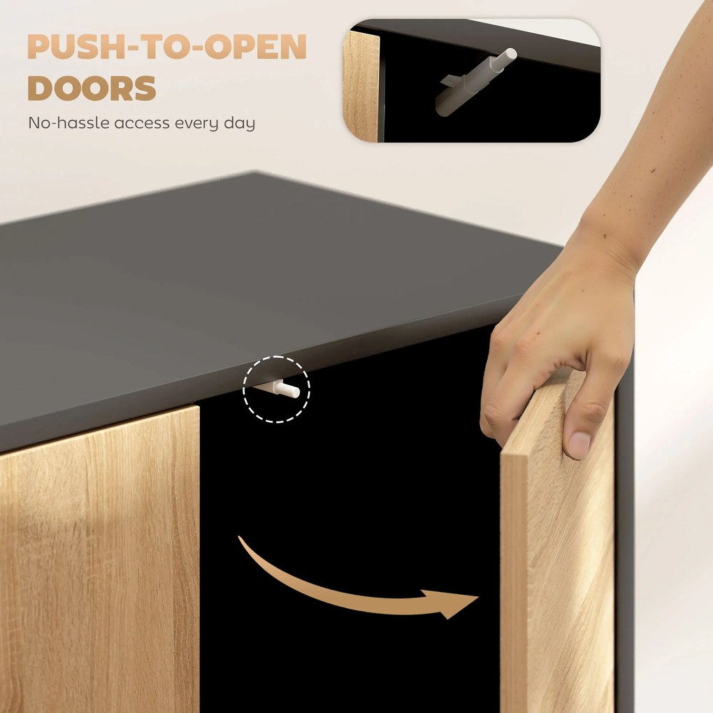 HOMCOM Sideboard z drzwiami push-to-open, szafka do jadalni na metalowych nogach, szafka kuchenna, MDF, Czarny+Naturalne drewno