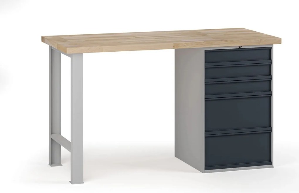 Stół warsztatowy G7, blat bukowy, 1500 x 800 x 840 mm, 1x kontener, 5x szuflada, grafitowy