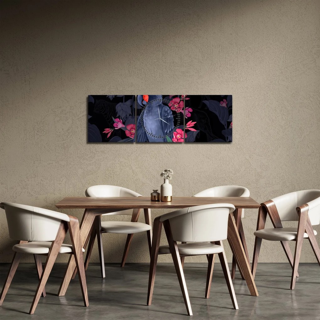 Obraz - Papuga wśród kwiatów (z zegarem) (90x30 cm)