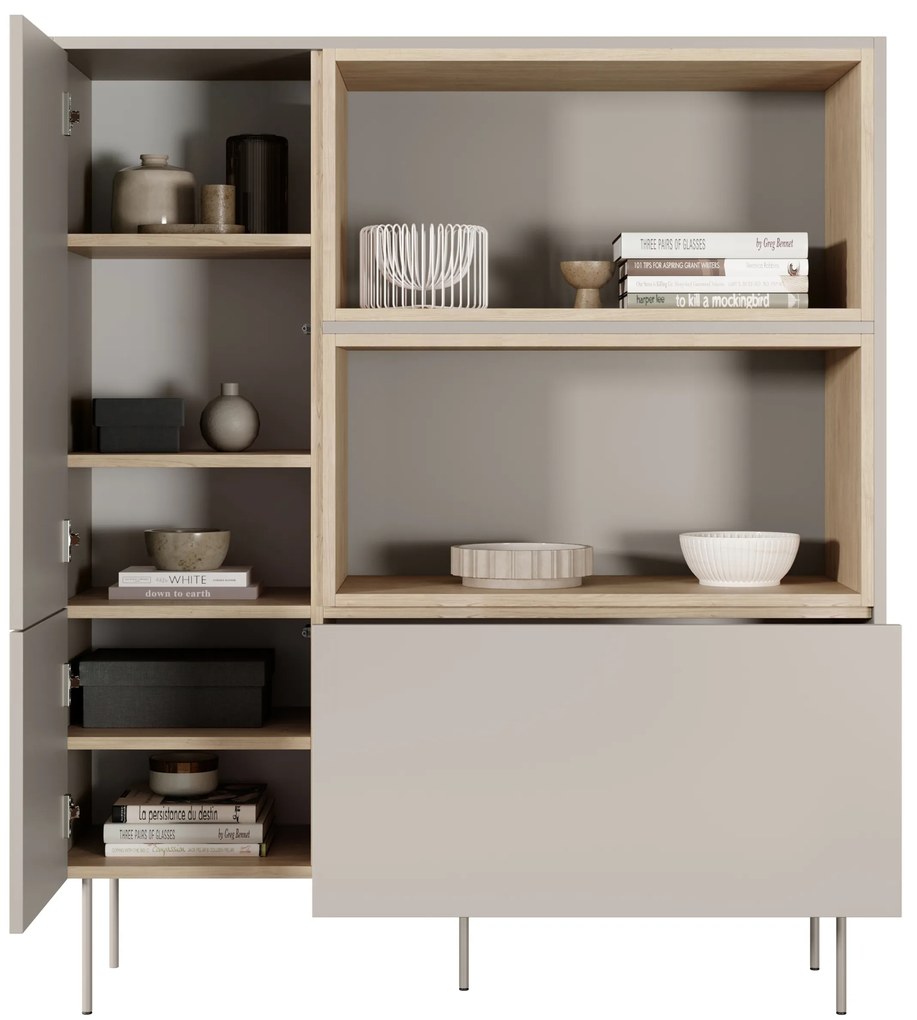 Komoda wysoka Desin 120 cm dwudrzwiowa z szufladą i wnękami - kaszmir / dąb nagano