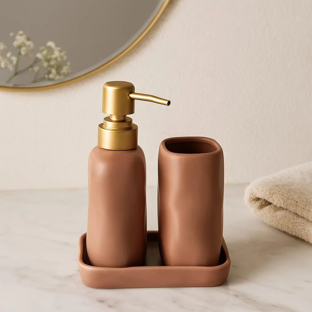 Zestaw łazienkowy EON, ceramiczny dozownik ze złotą pompką, kubek i taca