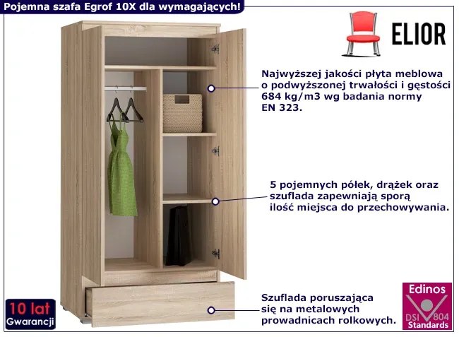 Klasyczna szafa z drążkiem i półkami dąb sonoma - Elsinor 10X