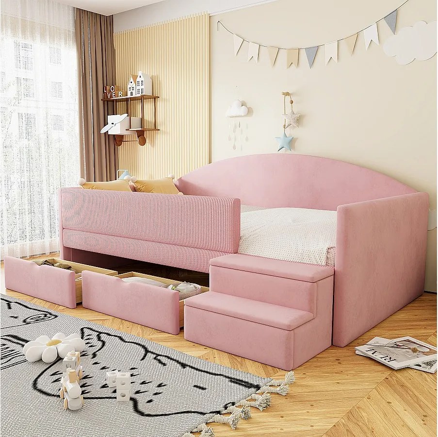 Sofa rozkładana dla dzieci - 90 x 190 cm - z 2 szufladami + barierkami + schodkami - welurowa - różowa