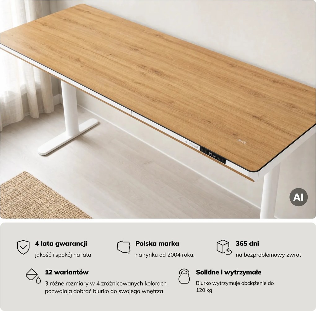Biurko elektryczne sit-stand z szufladą i ładowarką bezprzewodową Qi białe/złoty dąb, 1600 mm: ELLIS