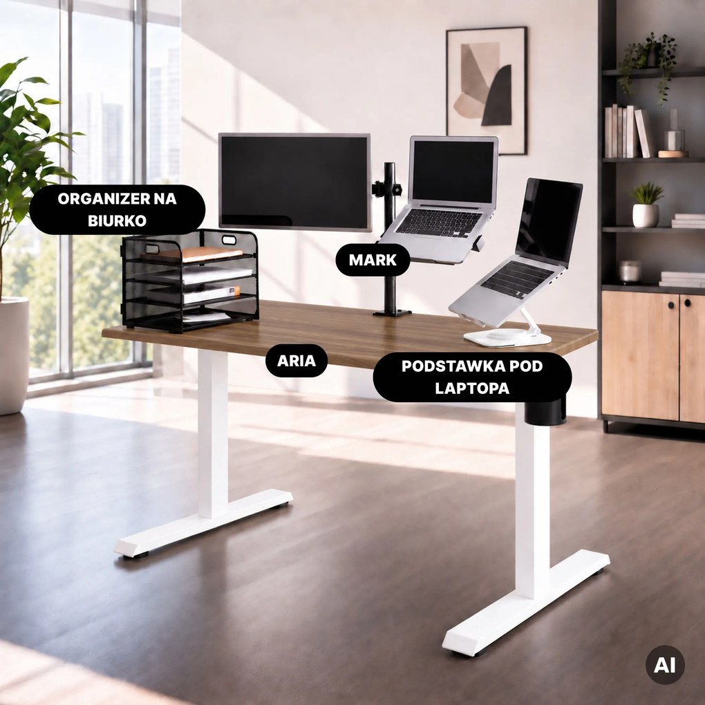 Biurko elektryczne z regulacją wysokości ergonomiczne białe/orzech,1200x600 mm: ARIA