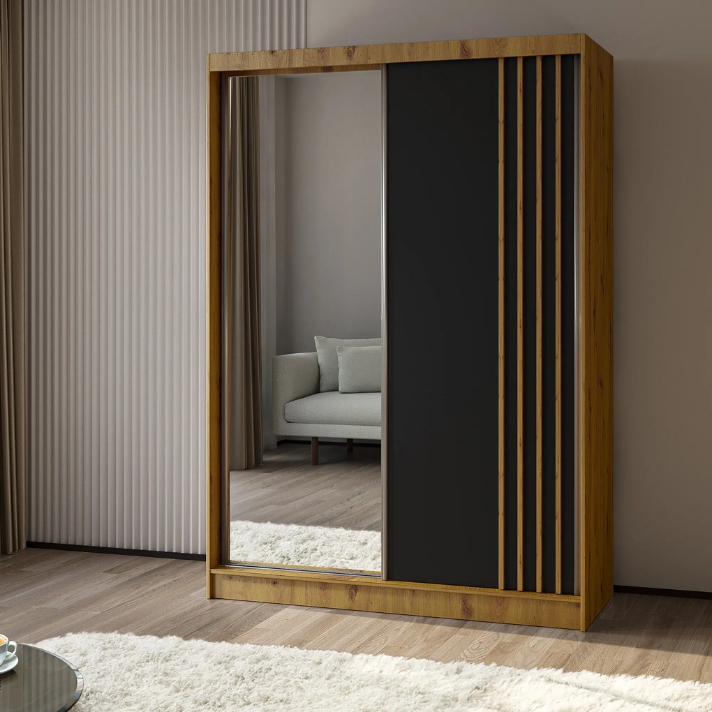 Szafa Przesuwna NELVIA 150 cm z Lustrem Szafa Dwudrzwiowa Dąb artisan