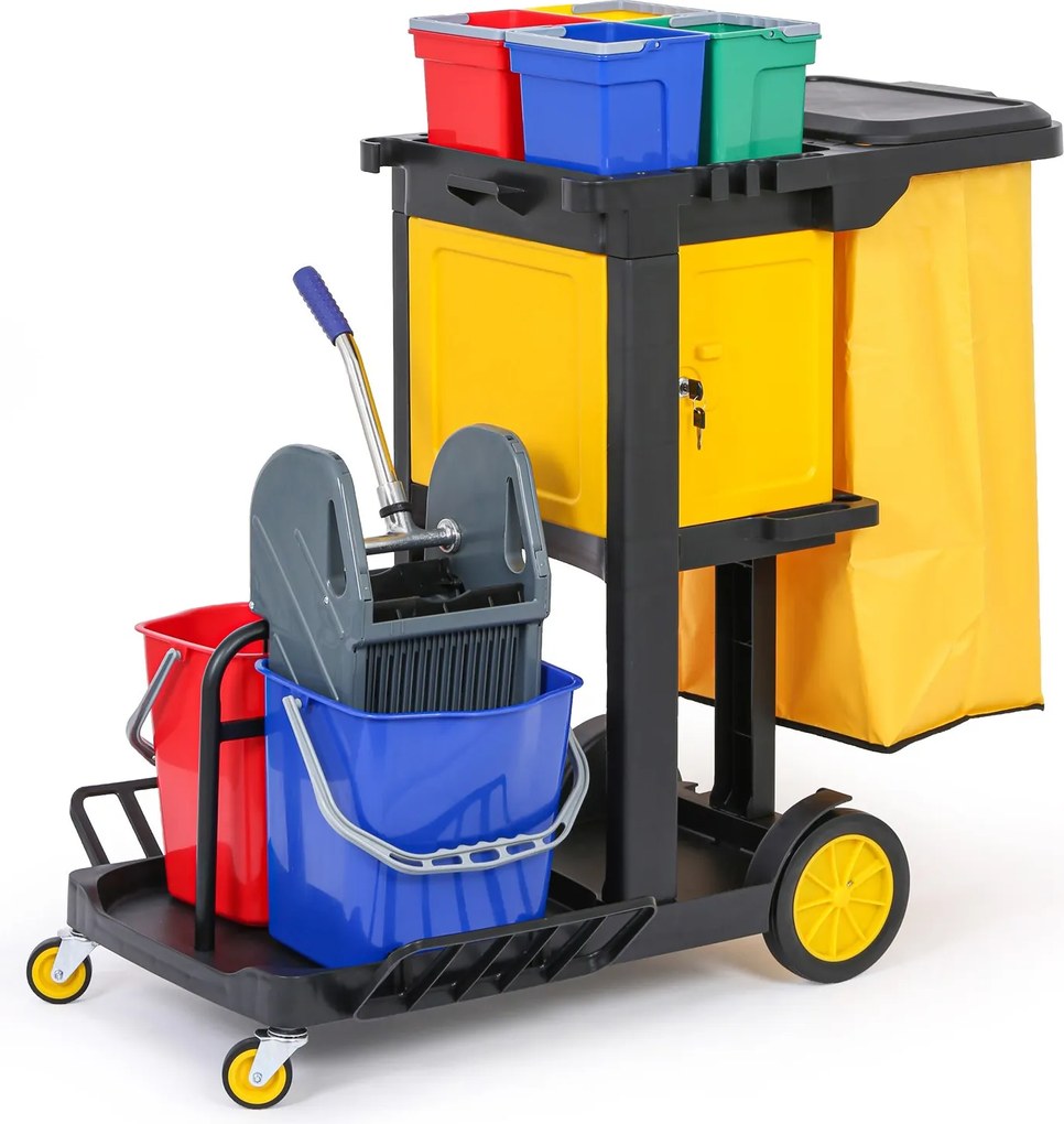 Profesjonalny wózek sprzątający z 6 wiadrami, uchwytami na mopy, szafką i workiem z pokrywą, 1120 × 710 × 1100 mm