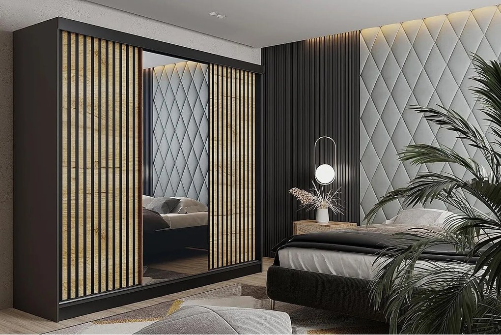 Szafa przesuwna z lustrem lamele MALANI 200 - grafit + dąb craft złoty