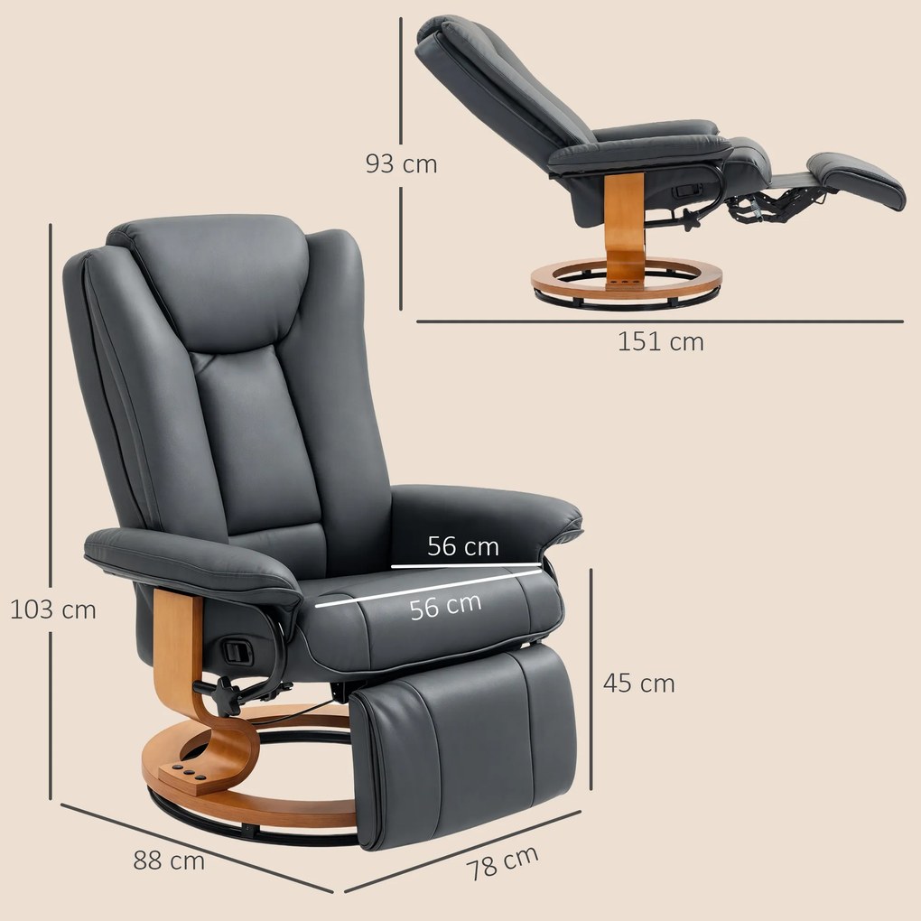 HOMCOM Fotel relaksacyjny z funkcją leżenia, obrotowy, do 150 kg, pokrycie z ekoskóry, stalowy stelaż, ciemnoszary