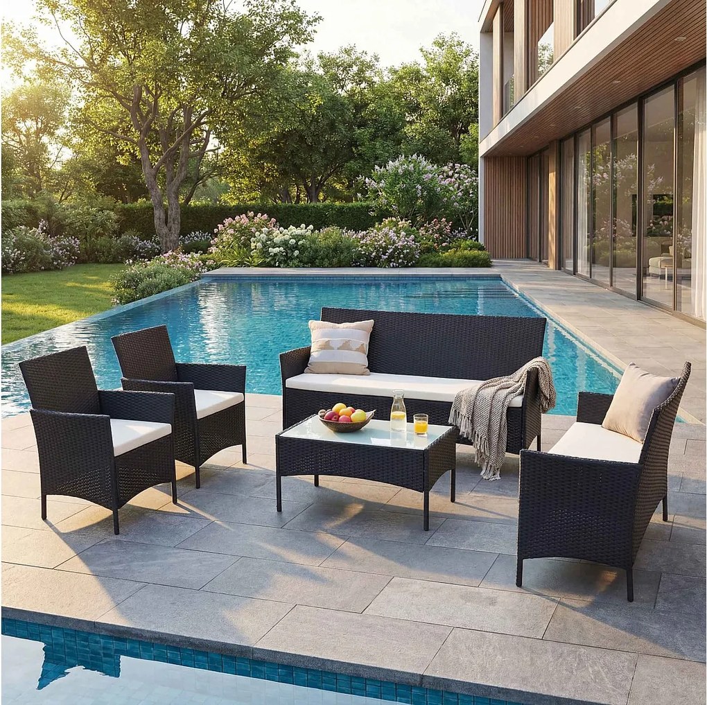 Zestaw z polirattanowego Hamar 3-2-1-1,  antracyt, poduszki kremowe