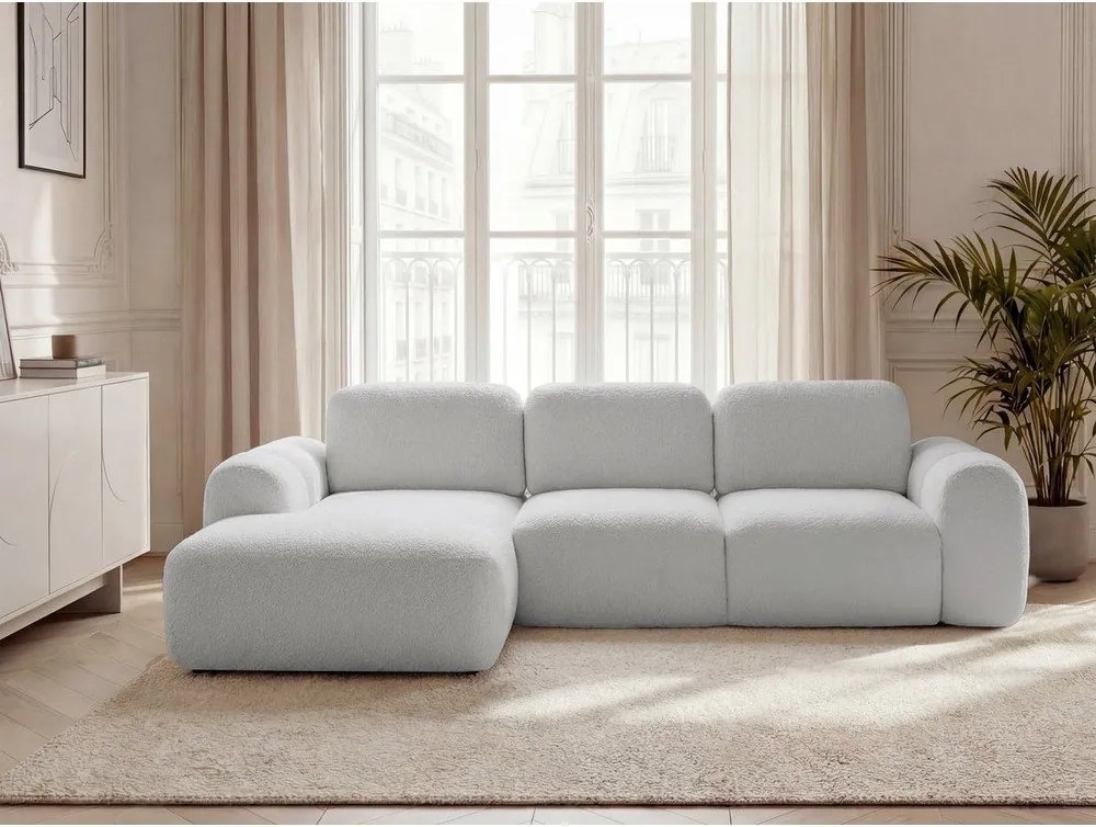 Jasnoszary rozkładany/ze schowkiem narożnik z materiału bouclé (lewostronny/z szezlongiem) Montaigne – Bobochic Paris