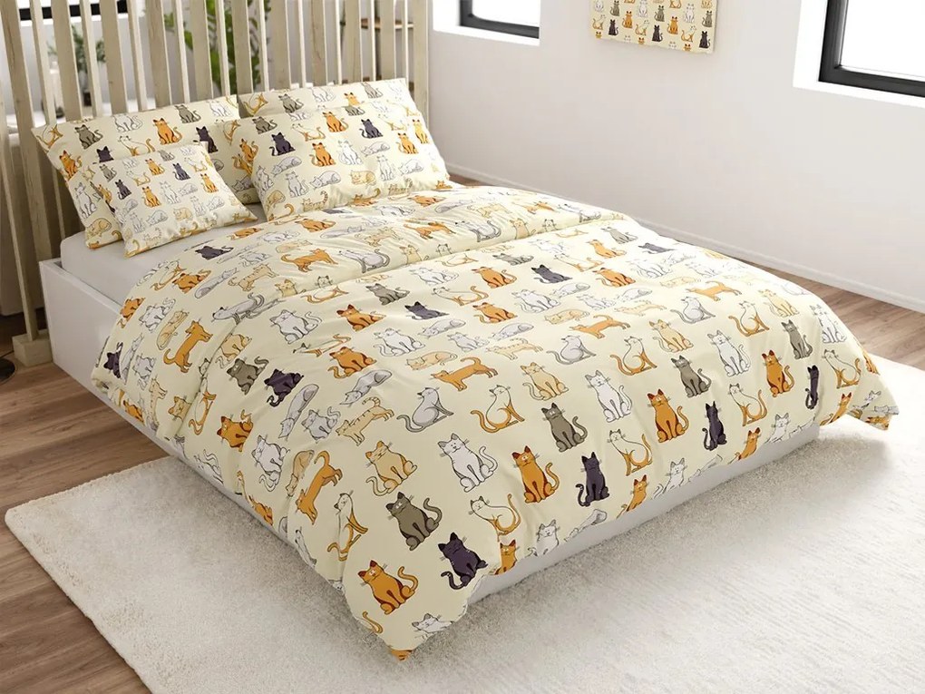 PrzytulneMieszkanie.pl PrzytulneMieszkanie.pl Pościel z mikropluszu KOLOROWE KOTY w kolorze kremowym Rozmiar pościeli: 2 szt 70 x 90 cm | 200 x 220 cm