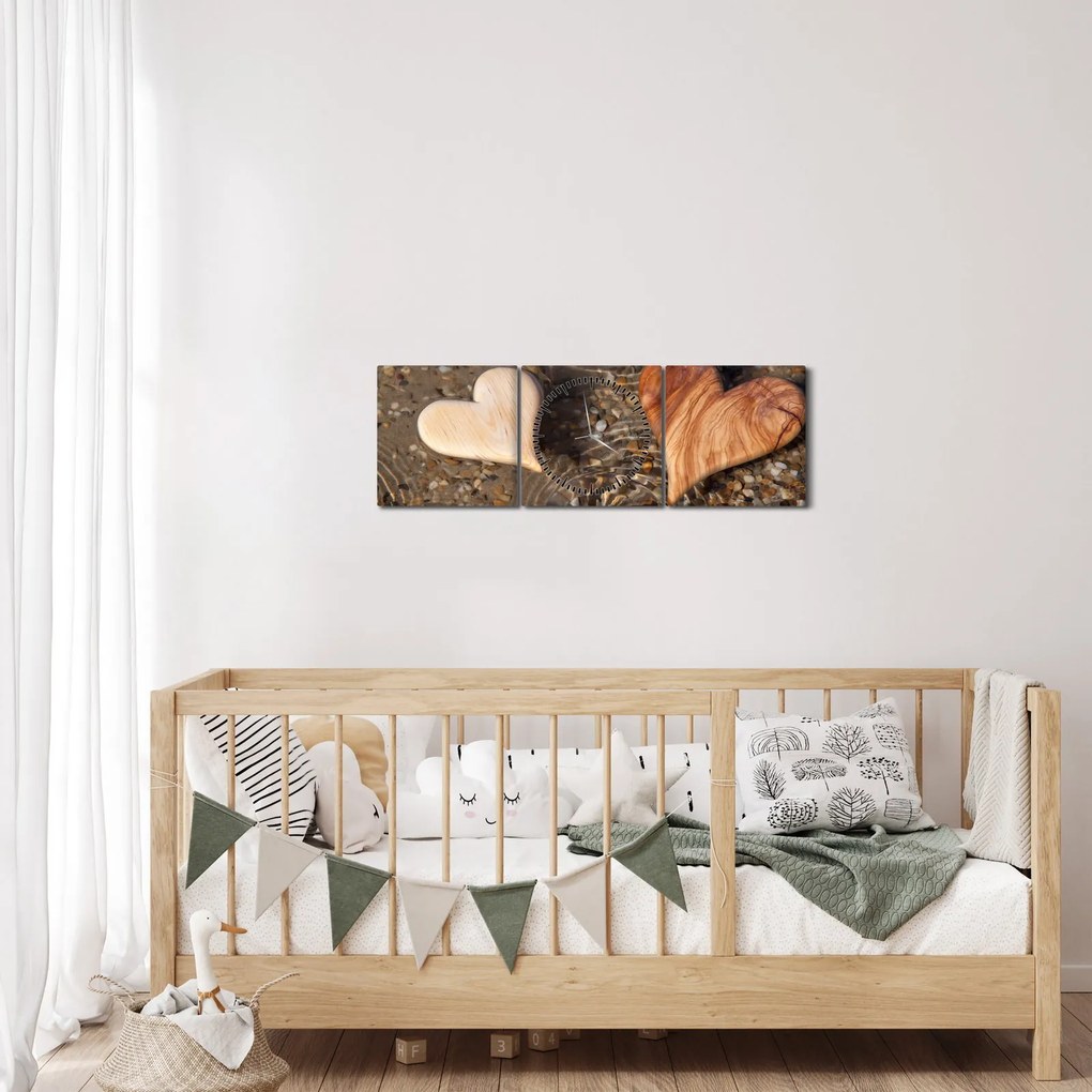 Obraz - Drewniane serca (z zegarem) (90x30 cm)