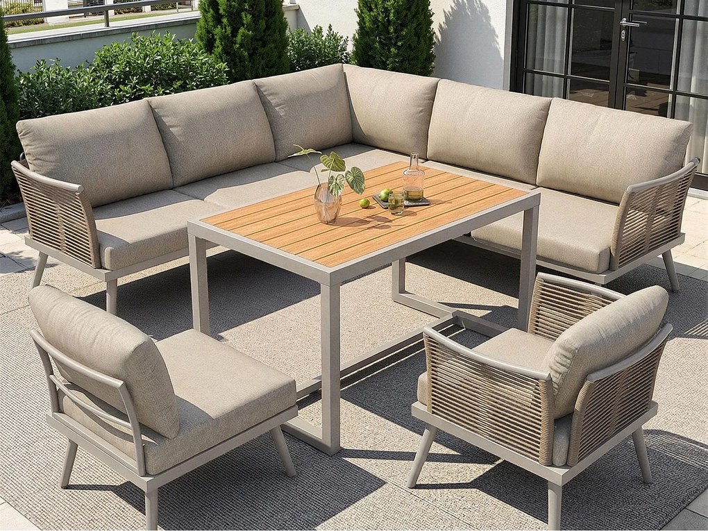 Salon ogrodowy, zestaw mebli, na 6-7 osób - kanapa narożna - 2 fotele - stół - lin - z żelaza ocynkowanego, Beżowy
