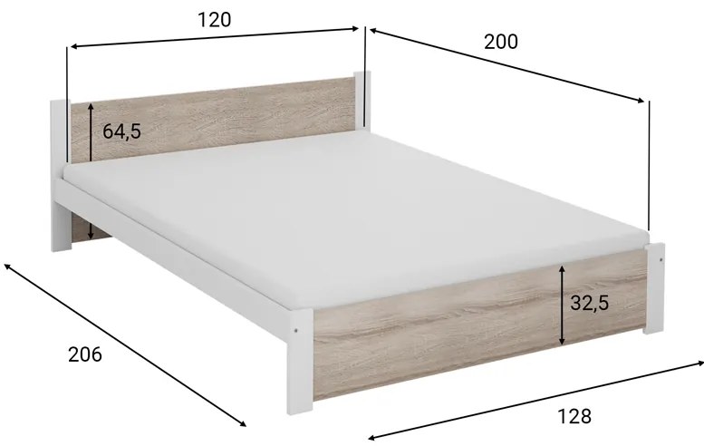 Łóżko IKAROS 120 x 200 cm, białe/dąb sonoma Stelaż: Ze stelażem listwowym elastycznym, Materac: Materac Coco Maxi 20 cm