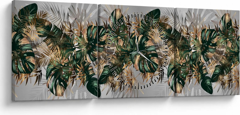 Obraz - Złoto - zielone tropikalne liście (z zegarem) (90x30 cm)