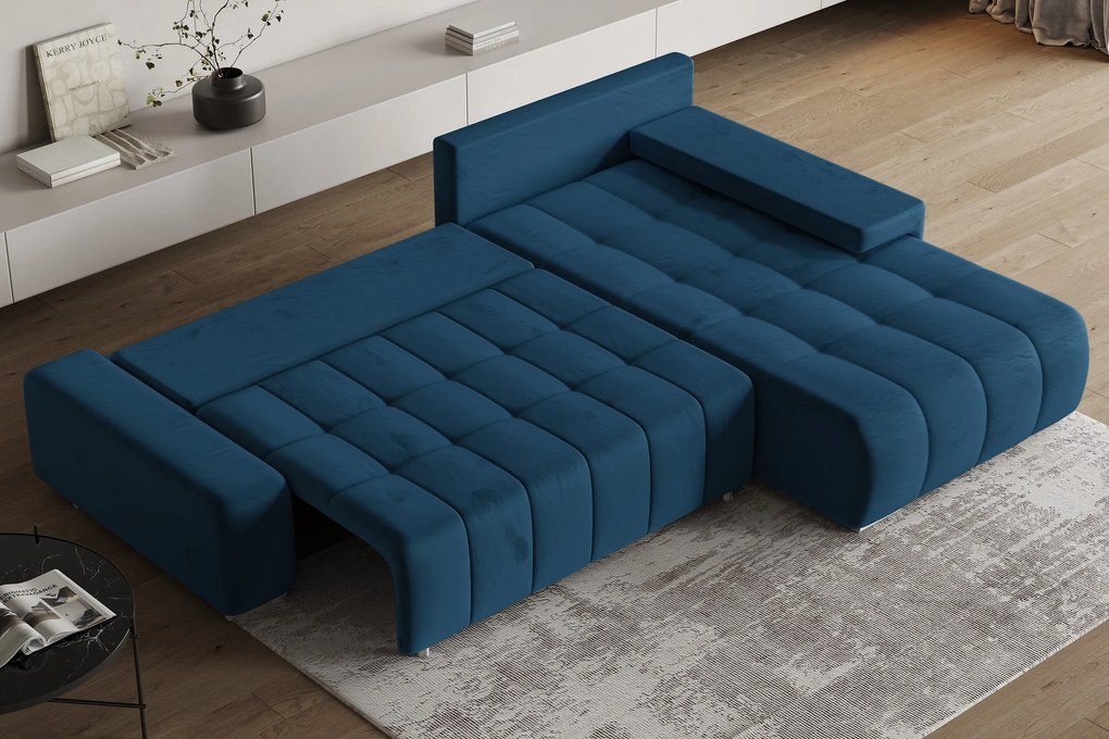 Masseno Narożnik ALESE z funkcją spania i pojemnikiem na pościel Narozniki L, Rozkładana sofa - Niebieski, MONOLITH 77