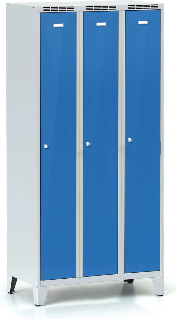 Metalowa szafka ubraniowa S7 na nogach, 3-drzwiowa, 1904 x 900 x 500 mm, demontaż, zamek obrotowy, drzwi niebieskie