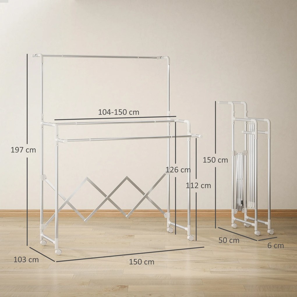 HOMCOM Stojak na pranie, składany suszarka stojąca z 3 regulowanymi prętami, stalowy wieżowy stojak na pranie na kółkach, wieża do suszenia prania do wnętrz i na zewnątrz