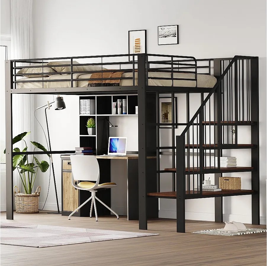 Łóżko piętrowe 140 x 200 cm z dużymi schodami – metal + sklejka + płyta MDF – stelaż z listew – czarne