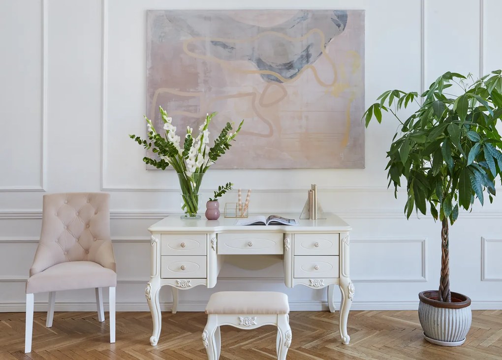 Eleganckie krzesło do jadalni lub salonu Opera beżowe. Krzesło z pikowanym oparciem chesterfield, drewniane białe nogi. Tkanina welwetowa, odporna na wsiąkanie płynów.