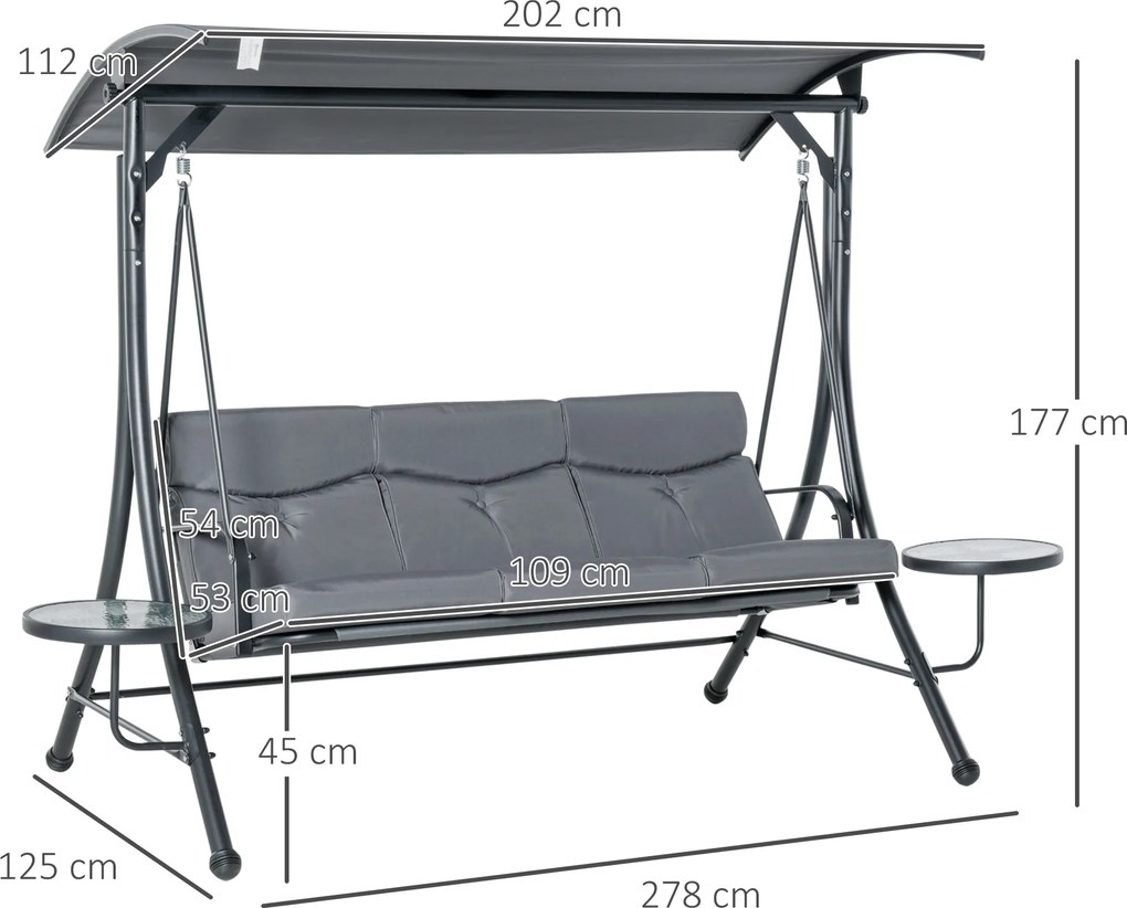Outsunny: Elegancka Huśtawka Ogrodowa 3-osobowa z Daszkiem i Dodatkowymi Stoliczkami