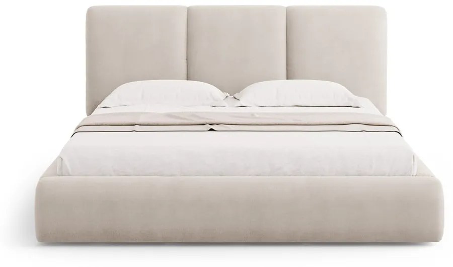 Beżowe tapicerowane łóżko dwuosobowe ze schowkiem i stelażem 160x200 cm Brody – Mazzini Beds